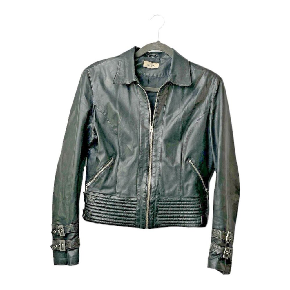 Biba Black Leather Biker's Jacket, women's with pockets Edgy